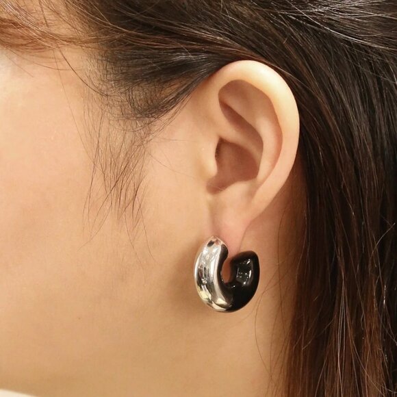 NEW Silver & Black 14K Dipped Arch Hoop Earrings Hypoallergenic Brass Enamel - Picture 2 of 2